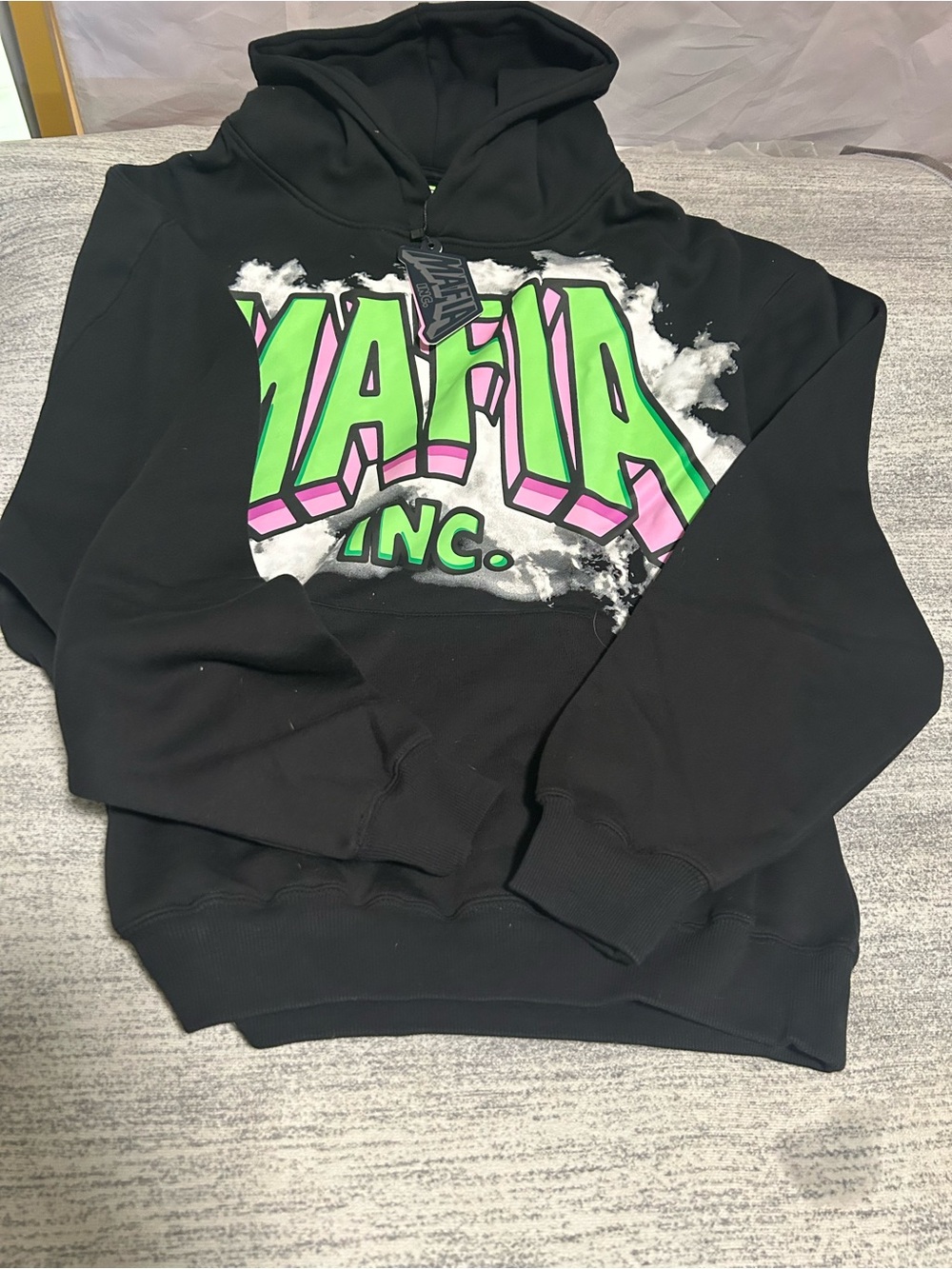 Mafia unisex black Pullover Hoodie with Neon Green Logo